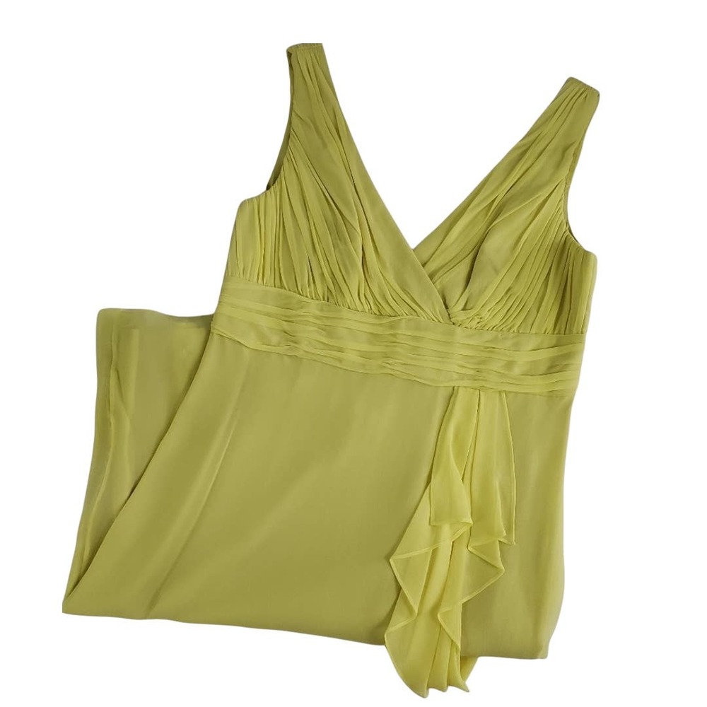 Donna Morgan NEW Silk Chiffon Ruched Empire Dress V Neck & Back Lime Size 12 - Picture 6 of 8